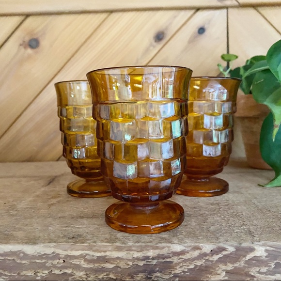 Vintage Amber Pedestal Drinking Juice Glass Set